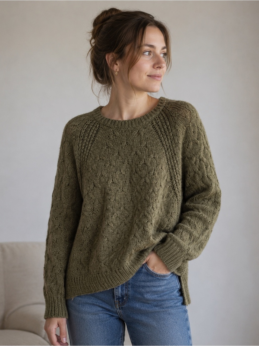 Olive Cable-Knit Crewneck Sweater - Women